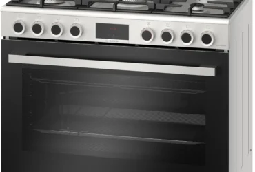 بوتاجاز غاز قائم بذاته HGP3I8W50S من السلسلة 6 مصنوع من فولاذ مقاوم للصدأ مع 5 شعلات، فرن كبير للغاية بسعة 145 لتر وشواية وبطانة تنظيف تحفيزي من بوش، 90 سم