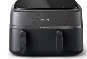 مقلاة هوائية بسلة مزدوجة-سلسلة 3000-فيليبس، سعة 9 لتر، بدرجين، بتقنية الهواء السريع، عائلية كبيرة متعددة الاستخدامات، موفرة للدهون والطاقة بنسبة 90%،، 2750.0 واط، أسود وفضي