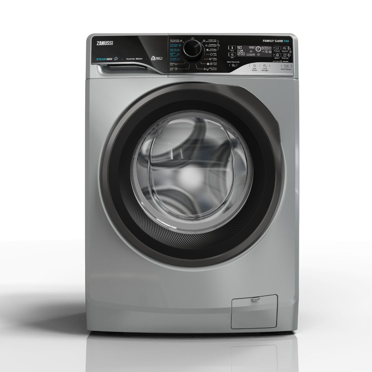 9kgs_wm_silver_914909476 (1) غسالة زانوسي أوتوماتيك ستيم ماكس 9 كيلو فضي , موتور انفرتر باب فضي غامق - الصورة 1